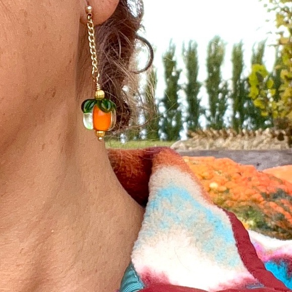 Pumpkin Fall Halloween Whimsical Orange Gold Chain Dangling Glass Earrings - Picture 14 of 14
